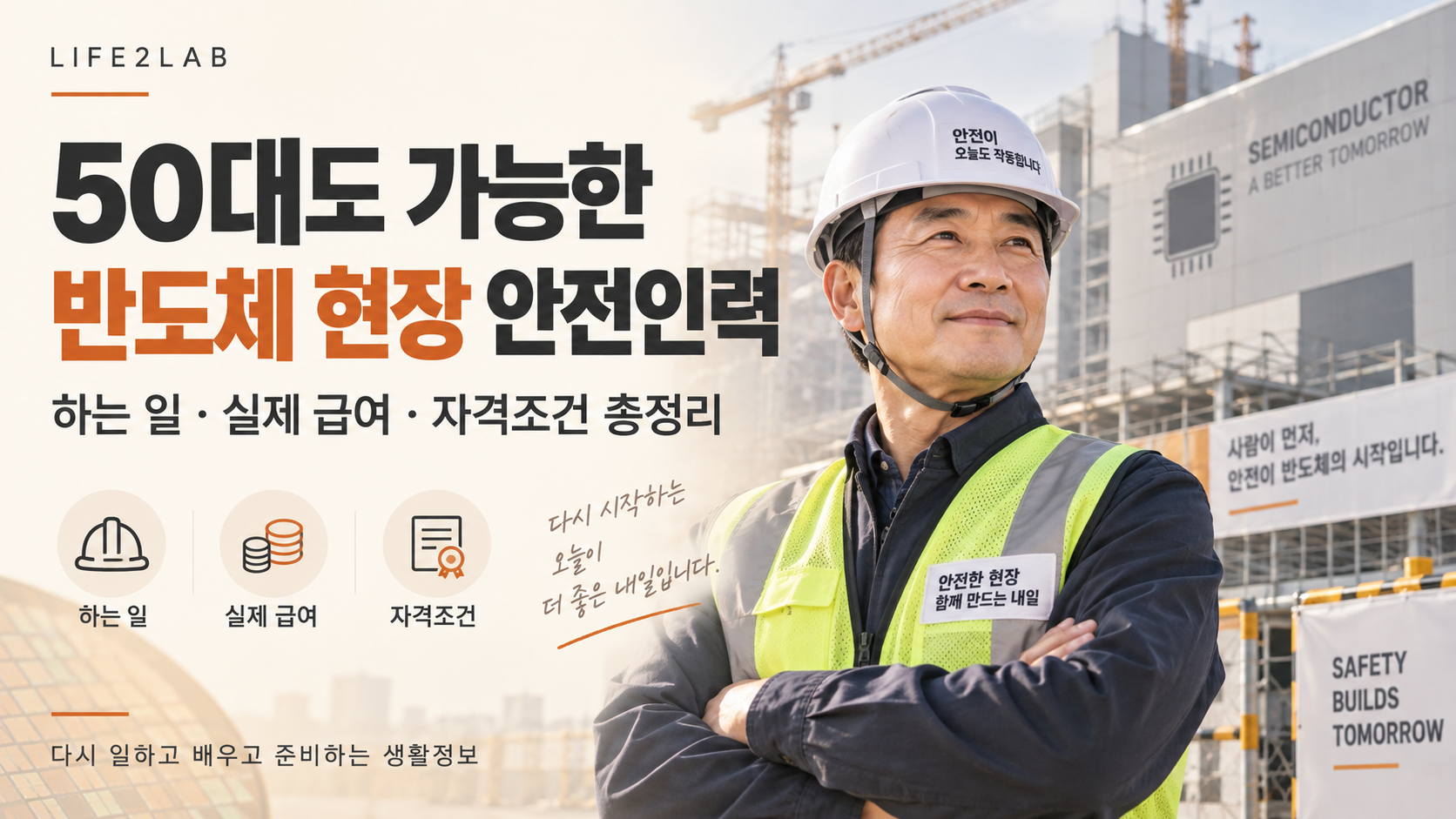 50대 중장년 반도체 현장 안전인력의 업무·급여·자격조건을 소개하는 이미지