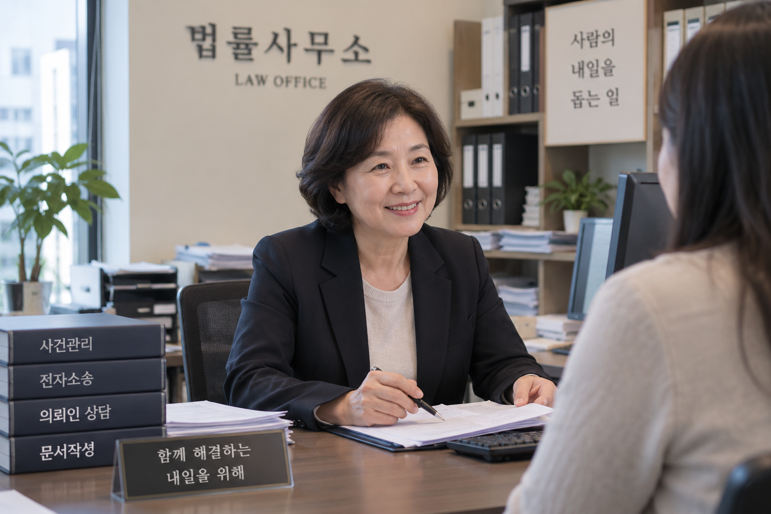 50대 법률사무원이 사무실에서 의뢰인과 마주 앉아 서류를 검토하며 상담하는 모습