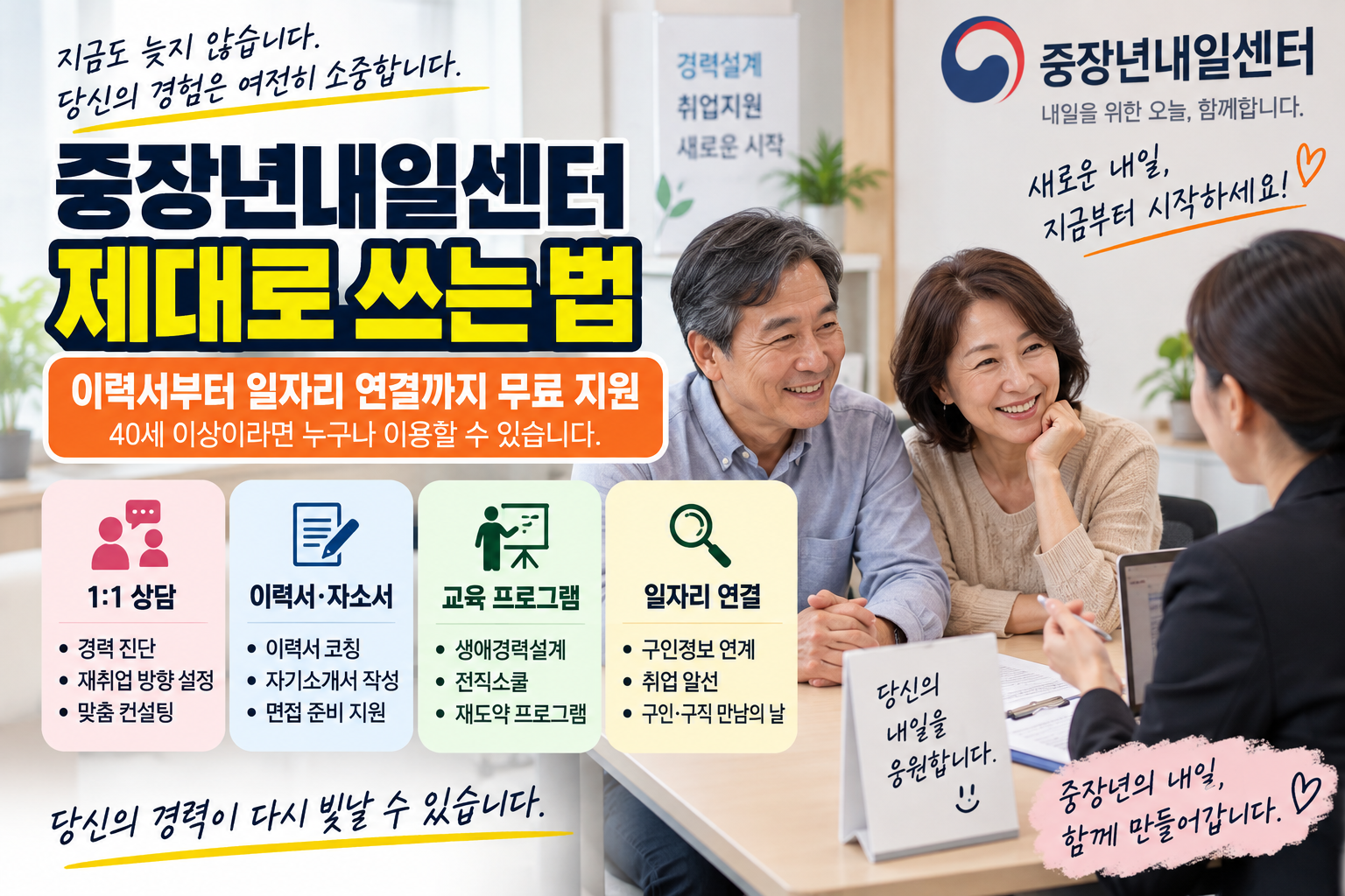50대 중장년 구직자가 상담사와 함께 이력서·면접·재취업 지원을 상담받는 모습